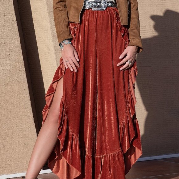 . Pants - Burnt Orange Casual Womens Ruffle Trim Split Thigh Velvet Pants